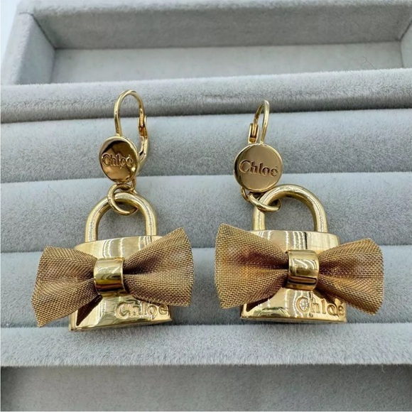 AUTH Chloe Paddington Logo Pierced Earrings Padlock w/...